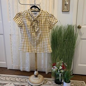 Unique Vintage Mustard & White Gingham Bow Blouse